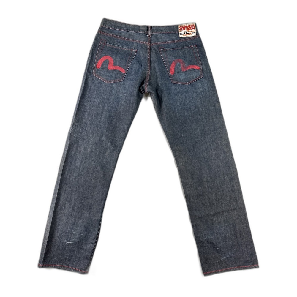 EVISU Classic Straight Leg Jeans 36 Blue 100% Cotton Faded Look Red Denim